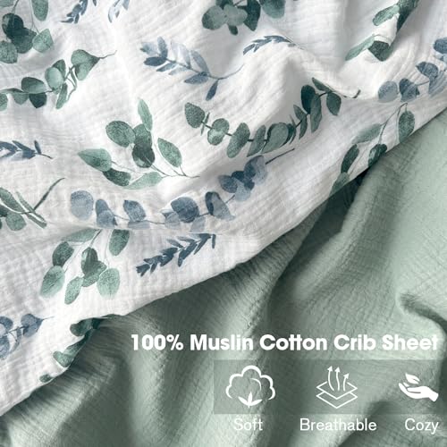 Image of Little Grape Land Muslin Crib Sheets Fitted for Boys and Girls 2 Pack, 100% Cotton Baby Bed Sheets Soft Breathable, Neutral Fitted Baby Mattress Sheets for Standard Crib 52x28 inches, Green Leaves