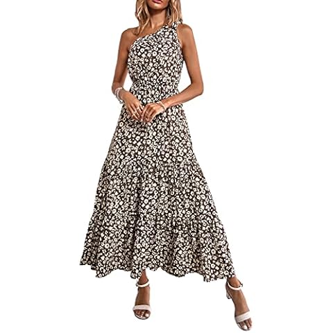 PRETTYGARDEN Women's Summer Floral Dress One Shoulder Sleeveless Knot Ruffled Hem Flowy Bohemian Maxi Dresses, Coffee, Small Cover