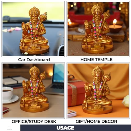 Image of UNOVATE Lord Hanuman Idol for Car Dashboard, Home, Office Desk - Hanuman Murti for for Pooja, Temple Showpiece, Decoration, Festivals and Gifting. (9cm, Golden Colour with Coloured mala)