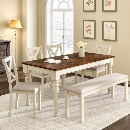LUXOAK 6-Piece Solid Wood Dining Table Set, 71' Farmhouse Kitchen Table with 4 Upholstered Chairs...