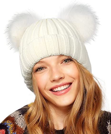 devil Toddler Double Pom Pom Beanie Women Winter hat Warm Soft Toddler Cap Cute Knitted Beanie for Women (White)-picture-40
