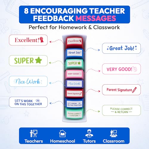 Teacher Stamps Self Inking Set of 8 - Motivational Classroom Grading Stamps for Teachers, Colorful Reward Stamp Set for Homework & Tests - Gift for Teachers, Teacher Supplies for School, Darice