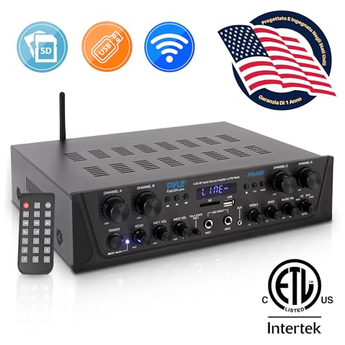 Pyle Amplificatore Karaoke Bluetooth Wireless da 500 Watt, Amplificatore Audio Stereo 4 Canali con AUX, Radio FM, USB e Microfono IN, Potenza Picco 500 Watt