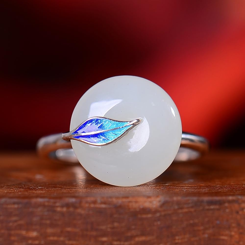 S925 Silver-Inlaid Natural White Jade Ping An Buckle Enamel Ring with Adjustable Opening and Including Certificate