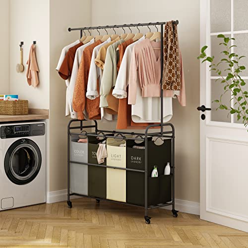 Tajsoon Laundry Sorter Cart With Hanging Clothes Rack, 4 Butler Sorter Basket Organizer, Laundry Hamper Cart With Heavy Duty Rolling Lockable Wheels, 4 Colors #TOP3