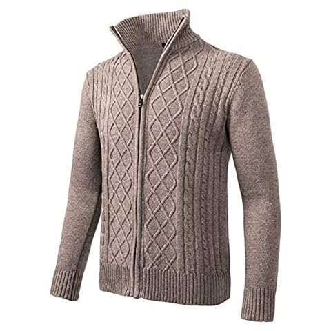 Hearda Mens Knitted Cardigan Thick Sweater Full Zipper Jacket V Neck Shawl Stand Collar Warm Jumper Fleece Lined Winter Coat Knitwear Overcoat Outerwear Khaki Cover
