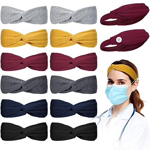 12 Pieces Headbands Button Cross Knotted Headbands Non Slip Nurse Headbands Stretchy Head Wrap with Ear Loop Holder Buttons for Women Girls Ears Protection, 2 Styles
