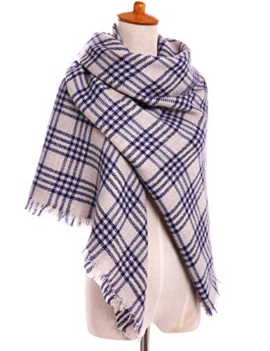 Bess Bridal Women's Plaid Blanket Winter Scarf Warm Cozy Tartan Wrap Oversized Shawl Cape (One Size, Griege) - Thumbnail 3