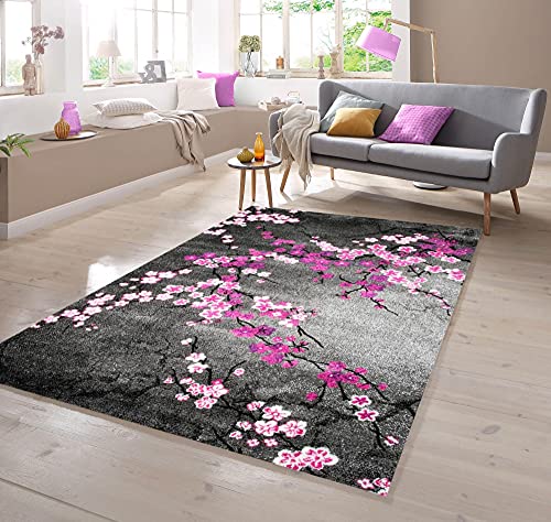 Designer Teppich mit Blumenmuster Grau Lila Pink Größe 120x170 cm