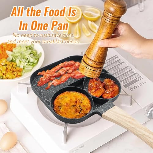 Image of Niyam Imperial Non Stick Granite Breakfast Frypan, 3 Section Grill Pan, Heat-Resistant Handle, Compact Space Saving Design, for Omelet, Grill, Fry, Gas & Induction Compatible (Black A, 17cm)