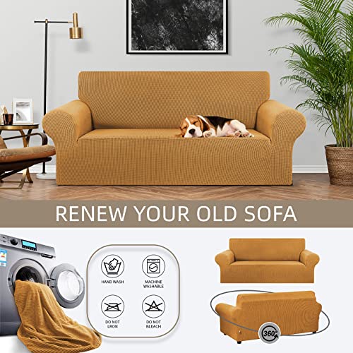 KEKUOU Stretch Loveseat Sofa Cover Slipcover,Couch Covers for 2 Cushion Couch Sofa (55"-78") Furniture Protector Sofa with Elastic Bottom for Kids,Dog. Jacquard Small Checked (Medium,Golden)