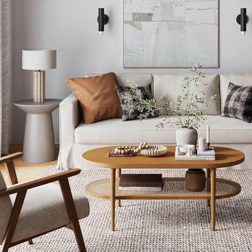 Image of Sonia Bohemian 2-Tier Oval Coffee Table, Living Room Cane Table with Storage Shelf and Mid-Century Legs in Honey Brown Wood with Rattan Accent