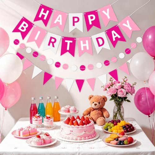 Image of Pink White Happy Birthday Banner Hanging Sign Circle Dot Triangle Bunting