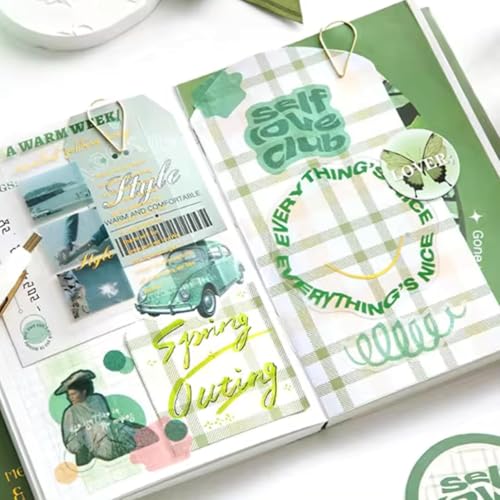 Image of VIBE VISTA Vintage Aesthetic Scrapbook Kit 346 Pcs A6 Grid Notebook Washi Envelopes Scrapbook Papers Folding Labels Background Papers Photo Frames Calendar Stickers (Poetry of Misty Island green)