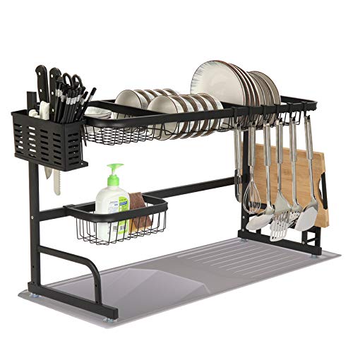 JAUREE Over The Sink Dish Drying Rack(Sink Size â‰¤ 33INCH), 2 Tier Kitchen Sink Organizer Storage Shelf Dish Dryer Rack for Space Save, Stainless Steel