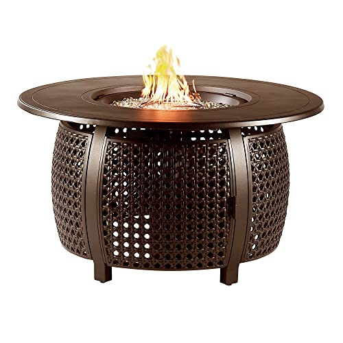 Image of Oakland Living Round 44 in. x 44 in. Aluminum Propane Fire Pit Table with Glass Beads, Two Covers, Lid, 57,000 BTUs in Brown Finish