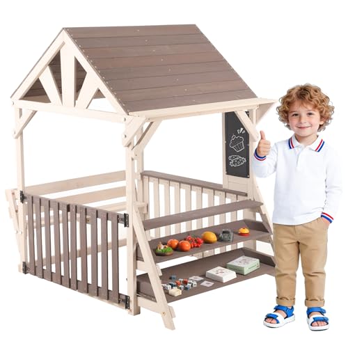 Casetta da Gioco in Legno per Bambini con Cucina, Tetto Impermeabile e Ringhiere a mezza altezza, Casetta da gioco da esterno, Giocattolo da Giardino Regalo per 3 +