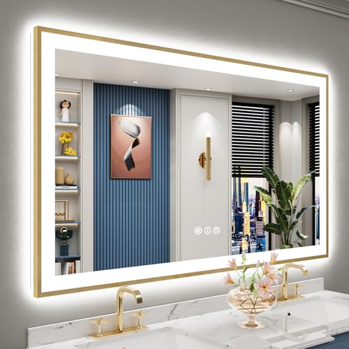 AWANDEE 60x36 Gold LED Bathroom Mirror with Lights, Brushed Gold Framed Backlit and Front Lit...