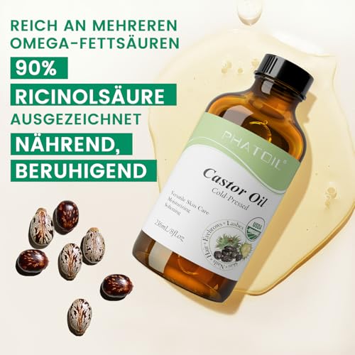 PHATOIL Rizinusöl Bio Kaltgepresst 236ML, Organic Castor Oil 100% Rein Natürlich, Rizinus Öl für Haaröl, Körperöl, Wimpern, Augenbrauen, Nägel, Bart, Rizinusöl Packung für Leberentgiftung