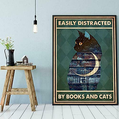 Inga Cat Poster Easily Distracted By Books And Cats Black Cat Love Read Metal Tin Sign Poster 8x12 inches
