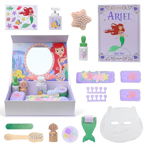 Disney Princess Ariel Wooden Spa Set for Kids 18 Piece Pretend Beauty Playset with Mirror Book Box Wooden Beauty Accessories Travel Friendly Princess Toy Gift for Girls Age 3+ Disney Kids Play Set