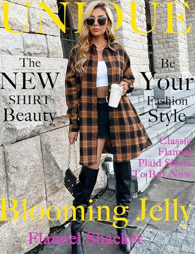 Blooming Jelly Women's Button Down Flannel Shirts Plaid Shacket Long Sleeve Collared Long Jacket Coats2