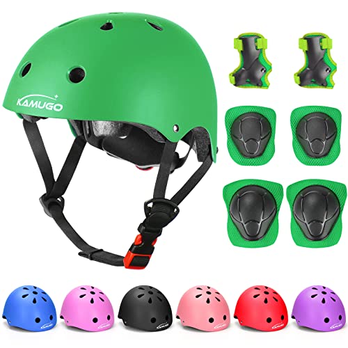 KAMUGO Kids Adjustable Helmet, with Sports Protective Gear Set Knee Elbow Wrist Pads for Toddler Age 3-8 Boys Girls, Bike Skateboard Hoverboard Scooter Rollerblading Helmet Set (Green)