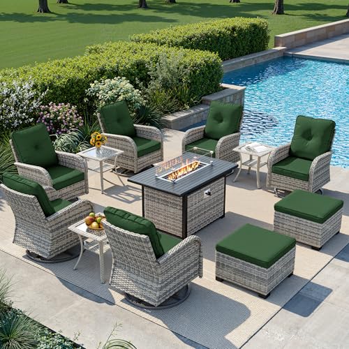 Image of 12-Piece Small Patio Furniture Set, Outdoor Swivel Rocking Chairs Set with 55,000 BTU Fire Pit Table Wicker Chairs and Ottomans, Patio Bistro Set for Balcony, Deck, Porch,Dark Green