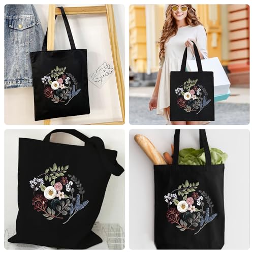 Sticken Set mit Leinentasche Stickset Canvas Tote Bag Anfänger Erwachsene Stickerei Blumenmuster Mit Werkzeug und Anleitung Kreuzstich Kit Stickpackung für Anfänger Erwachsene und Stickereiliebhaber