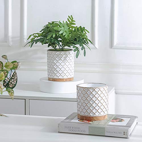 YISHANG Cement Planter Flower Pot - 4.7 Inch and 6 Inch Indoor Plants Containers Without Drain Hole,Round Flower Planter Pots for Plants with Bamboo Saucer/Tray,Set of 2 (White)