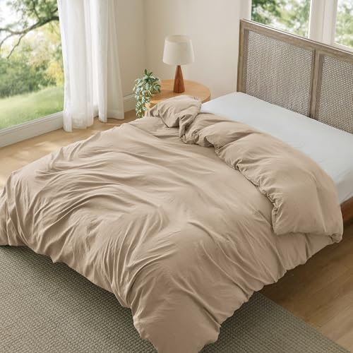 Image of Bedsure Prewashed Light Brown Duvet Cover King Only, Cotton-Like Feel | 1 Duvet Cover Only, No Pillow Shams, Ultra Soft, Relaxed Texture, Zipper Closure, 8 Corner Ties, Year-Round, Easy Care