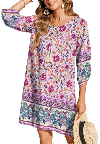 Image of Zeagoo Womens Boho Dresses Casual Beach Summer Dress Tassel Tie Neck 3 /4 Long Sleeve Mini Sundress 2025 Floral Print Cover Up