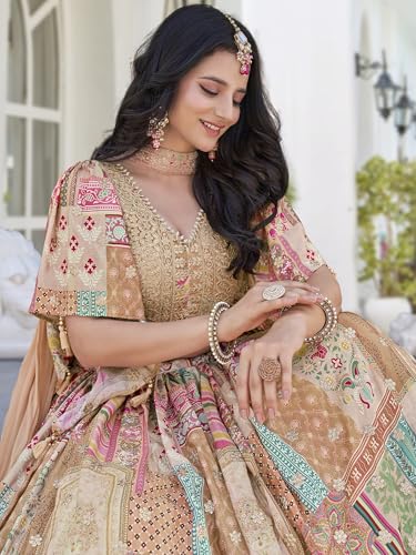 Image of Women's Digital Print With Zari Dori Embroidery Work Chinnon Silk Lehenga Choli With Dupatta (Women-Lehenga-Choli-New; Free size)