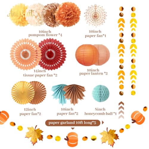 Image of AOBKIAT 21PCS Fall Party Decorations Kit,for Baby Shower,Birthday | Autumn Home Decor wirh Paper Pom Poms,Lantern,Maple Fan,Pumpkin Garland,Swirls,for Rustic Wedding,Thanksgiving,Harvest