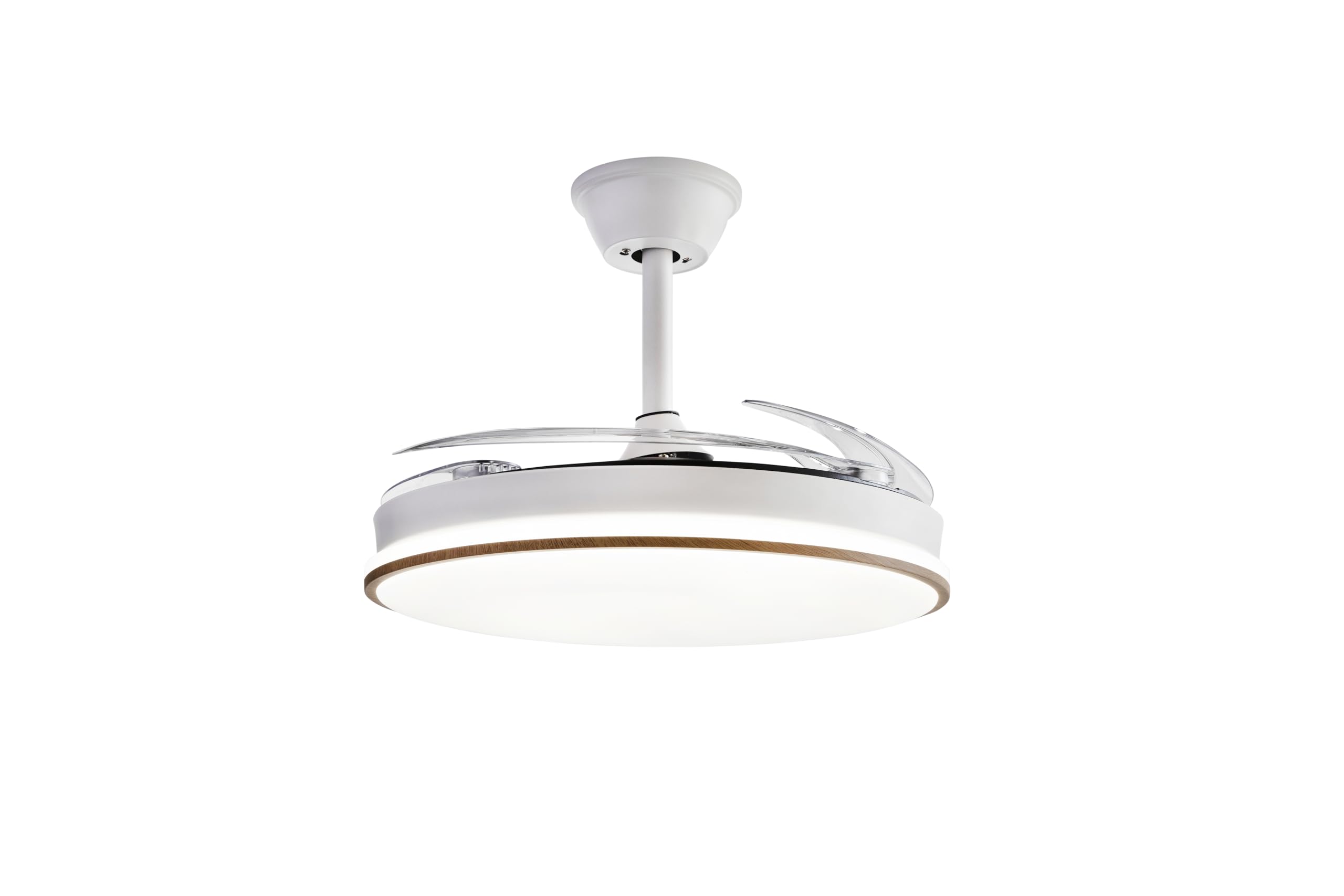 DUPI Ventilador de techo retráctil COSMOS MADERA con LED regulable 3 tonos, Motor DC silencioso, 6 velocidades, aspas ocultas, modo verano/invierno, temporizador y mando a distancia
