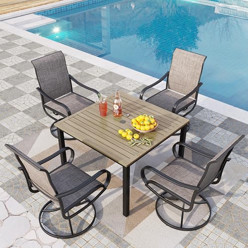 Image of PHI VILLA 5 PCS Patio Dining Set, 4 Patio Swivel Dining Chairs & Square Brown Metal Slat Table Top with 1.57 inch Umbrella Hole, Outdoor Table and Chairs for All Weahter