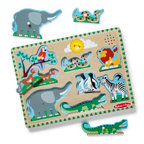 Melissa & Doug Zoo Animals Sound Puzzle - Wooden Peg Puzzle With Light-Activated Sound Effects (8 pcs) Animal Noise Puzzles for Toddlers 2+