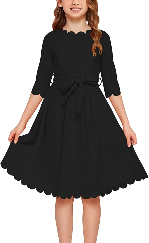 GORLYA Girls Scalloped A-Line Party Dress Pockets 6-14Y | 3/4 sleeves, scalloped edges trim details, removable belt & side pockets. Ideal for parties, church, and daily casual wear.