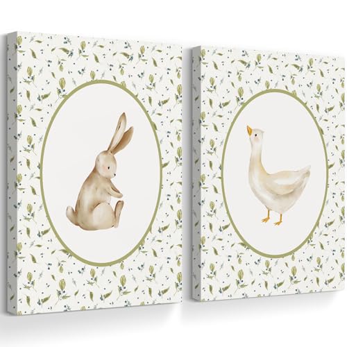 Vintage Nursery Wall Art Cute Goose Canvas Poster Bunny Wall Decor Baby Kids Poster Rabbit Duck Prints Cute Animal Pictures Pale Green Painting Artwork for Gallery Bedroom 16x24x2 Inch Ready to Hang
