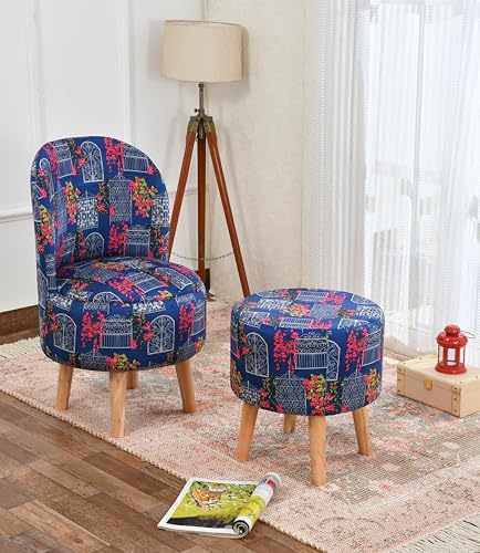 Image of NACIA Velvet Printed Ottoman Chair with Stool Combo | Dressing Table Chair for Bedroom Makeup Room Decor | Modern Upholstered Ottoman with Wooden Legs for Living Room & Home (18x18x32 Inches, Blue)