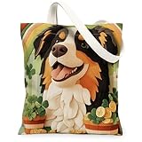 St. Patrick's Day Einkaufstasche aus Segeltuch mit australischem Schäferhund, 33 x 38 cm, wiederverwendbare Einkaufstasche für Damen, Landhaus-Haustier, ästhetisches Muster, Geschenk, Dekoration