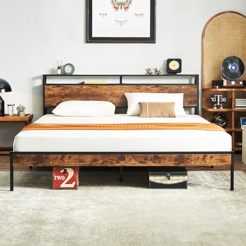 Image of Virabit King Bed Frame with Headboard, Bed Frame King Size with Charging Station, No Box Spring Needed, Steady and Noiseless, Easy Assemble.(Brown)