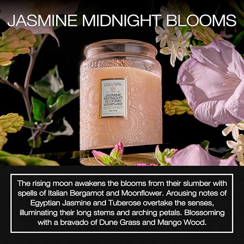 Image of Voluspa Jasmine Midnight Blooms Large Scented Candle Jar 18 Oz, 100 Hr Burn | Coconut Wax Blend in Decorative Glass, Clean Even Burn, USA Handcrafted Gift for Hosts, Fragrance Lovers & Relaxed Rooms