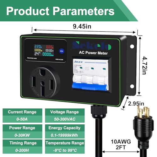 Image of 30A AC Power Meter, 240V Digital Multimeter Tester, NEMA L14-30P to NEMA 14-50R Outlet Monitor with 2FT 10AWG Cable and 50A Circuit Breaker, Real-Time Voltage, Current, Power, and Energy Monitoring