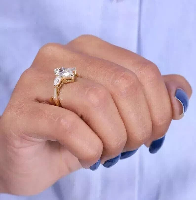 AARK & CO 2.5 Carat Marquise Cut White Diamond Three Stone Solitaire Engagement Ring, 14K Yellow Gold Finish4