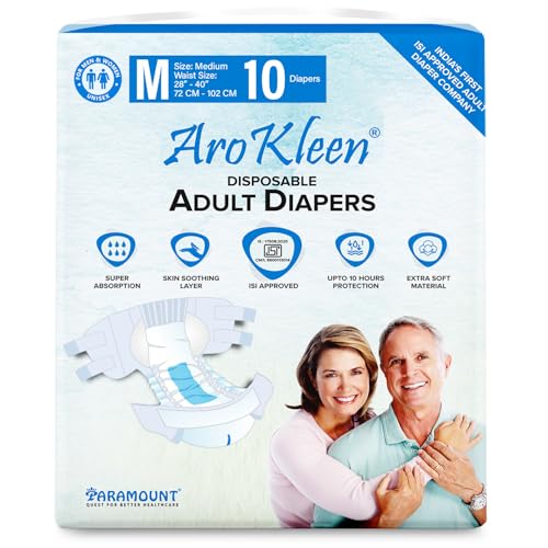 Image of AroKleen (ISI CERTIFIED) Adult Diapers Tape Style | Medium (M) Size, 10 Count, Waist Size (72-102cm | 28 inch- 40 inch inches), Unisex, High Absorbency, Leak Proof, Overnight Protection, Odour lock, Anti-Bacterial Absorbent Core-Pack of 1