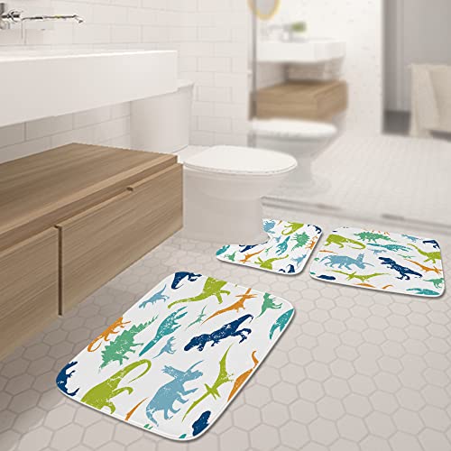 Dinosaur Bathroom Rugs And Colorful Kid Cartoon Jurassic Bath Mats Sets 3 Piece, Velvet Memory Foam Children Dino Themed Bath Mat, Large Small And U-Shaped Contour Shower Mat Non-Slip Washable #TOP1