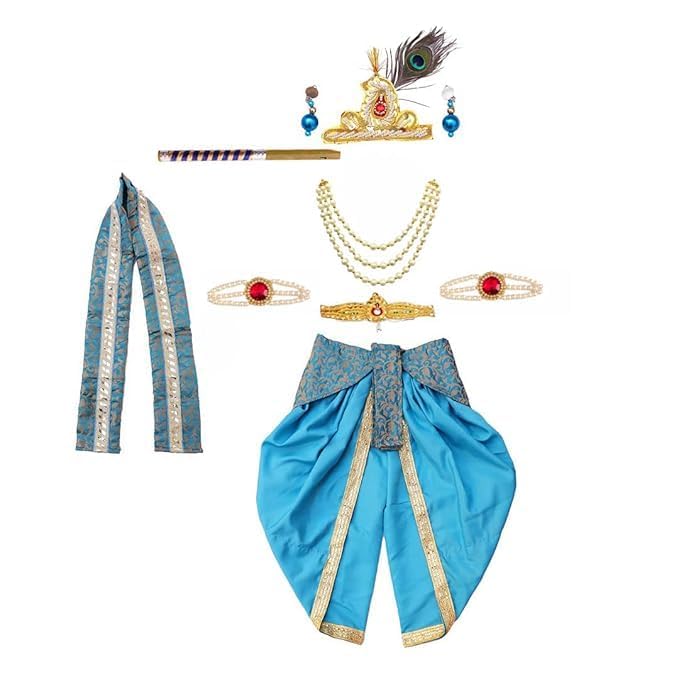 Image of ITSMYCOSTUME Krishna Dress for Baby Boy Kids Set of 10(Dhoti,Patka,Hip Cover,Mukut,Morpankh,Bansuri,Kamarband,Bajuband,Kundal) Little Krishna Ji Kanha Janmasthmi Costume for Kids