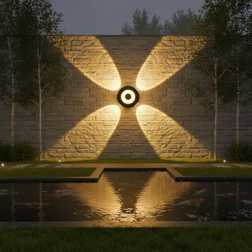 Image of Waterproof Up Down Led Wall Lamp, Aluminium IP65 Body 4+1 Ray, Warm White, Indoor /Outdoor Decorative Wall Sconce Light, (HaloBeam 4 Way Warm)