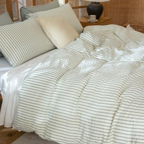 Image of Green Striped Comforter Set Queen - 3 Pieces Bedding Comforter Set for All Season, Soft Lightweight Washed Microfiber, 1 Striped Comforter and 2 Pillowcases (Green, Queen Size)